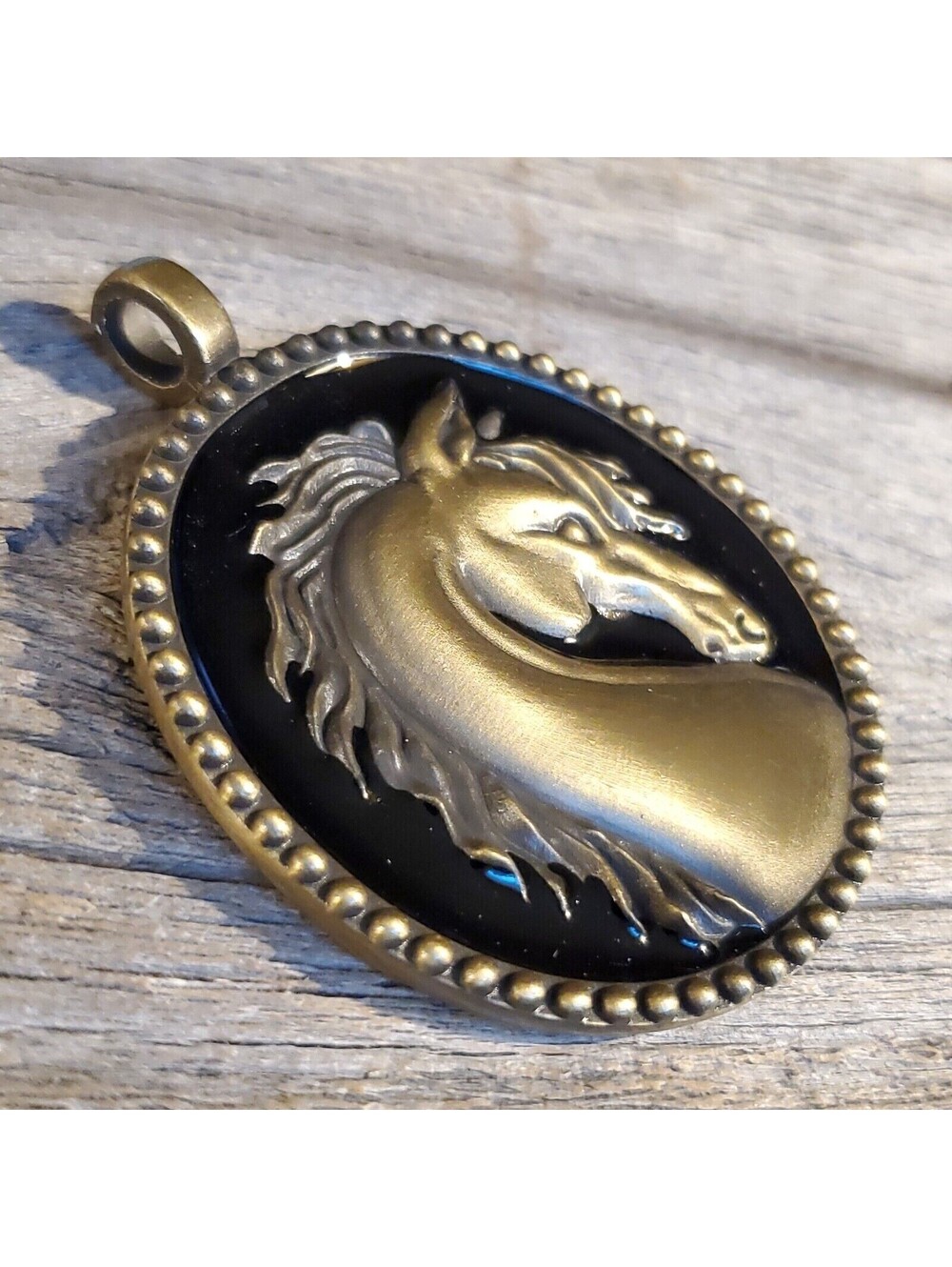 Wild Horse Long Mane Brushed Bronze Black Enamel 67mm Oval Statement Pendant